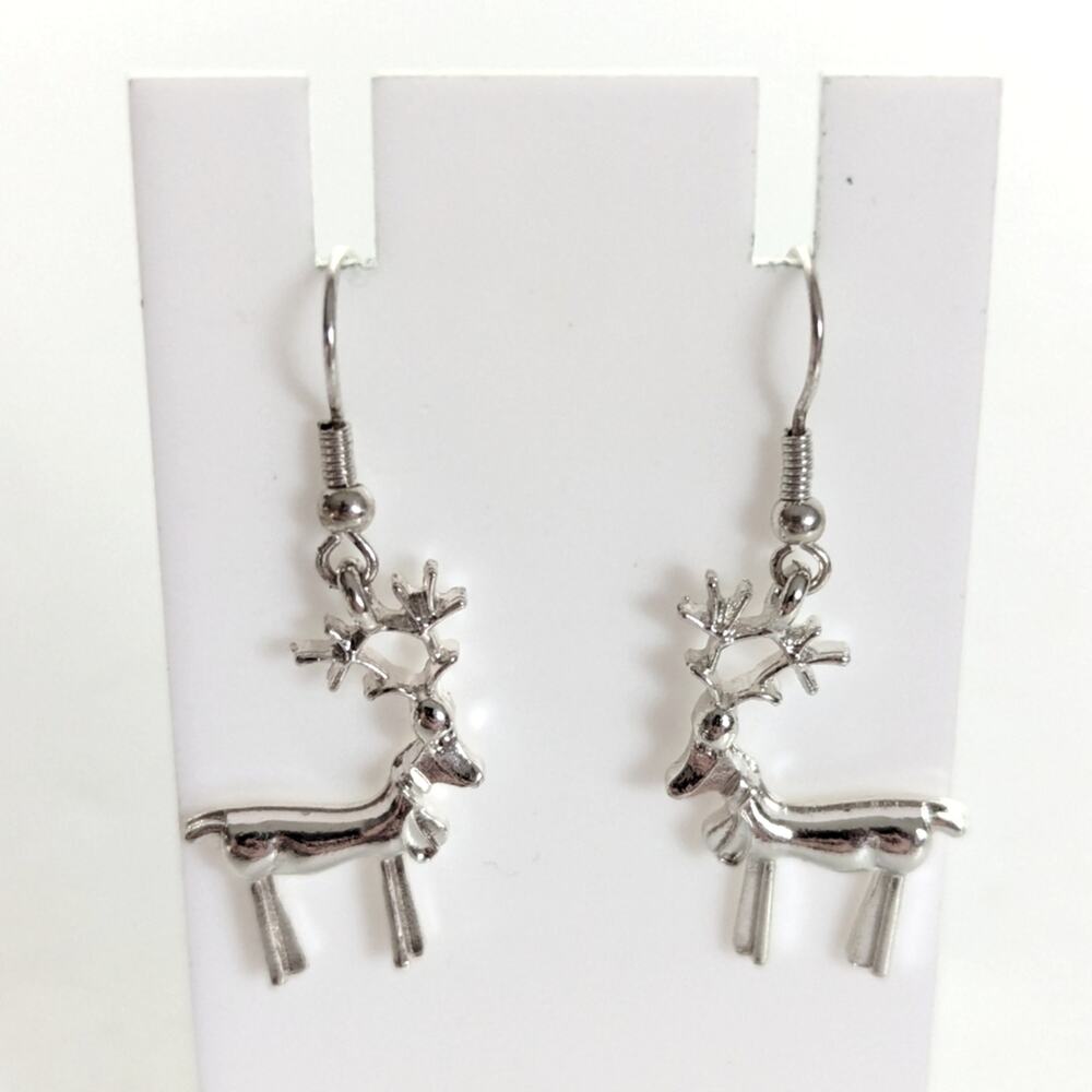 Vintage Silver Tone Reindeer Holiday Christmas Dainty Delicate Dangle Earrings